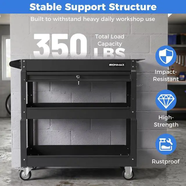 Alt view image 3 of 7 - 3 Tier Rolling Tool Cart with Lockable Drawer, Heavy Duty Metal Utility Cart on Wheels with Pegboards & Hooks, Mechanic Tool Storage Organizer for Garage, Warehouse & Workshop (Black)