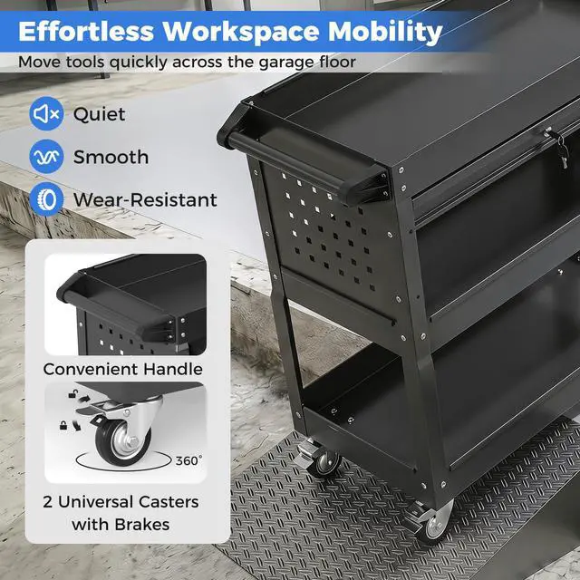 Alt view image 5 of 7 - 3 Tier Rolling Tool Cart with Lockable Drawer, Heavy Duty Metal Utility Cart on Wheels with Pegboards & Hooks, Mechanic Tool Storage Organizer for Garage, Warehouse & Workshop (Black)