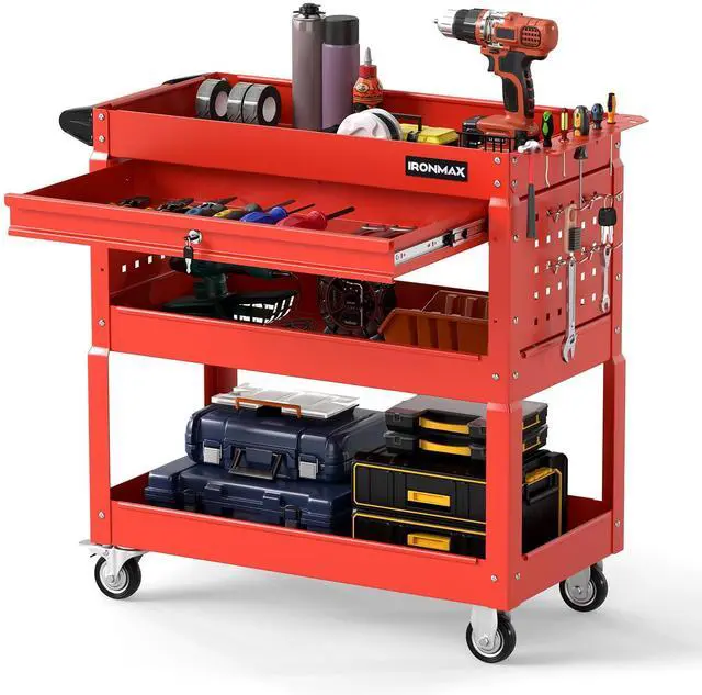 Main image of 3 Tier Rolling Tool Cart with Lockable Drawer, Heavy Duty Metal Utility Cart on Wheels with Pegboards & Hooks, Mechanic Tool Storage Organizer for Garage, Warehouse & Workshop (Red)