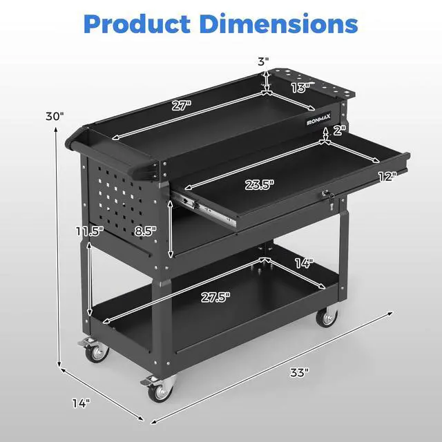 Alt view image 6 of 7 - 3 Tier Rolling Tool Cart with Lockable Drawer, Heavy Duty Metal Utility Cart on Wheels with Pegboards & Hooks, Mechanic Tool Storage Organizer for Garage, Warehouse & Workshop (Black)