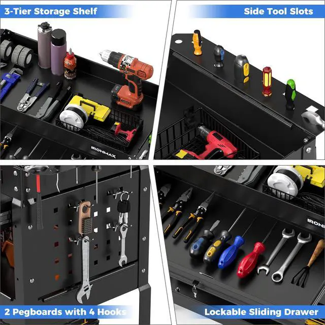 Alt view image 7 of 7 - 3 Tier Rolling Tool Cart with Lockable Drawer, Heavy Duty Metal Utility Cart on Wheels with Pegboards & Hooks, Mechanic Tool Storage Organizer for Garage, Warehouse & Workshop (Black)