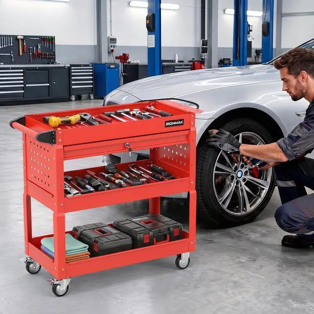 Alt view image 2 of 7 - 3 Tier Rolling Tool Cart with Lockable Drawer, Heavy Duty Metal Utility Cart on Wheels with Pegboards & Hooks, Mechanic Tool Storage Organizer for Garage, Warehouse & Workshop (Red)