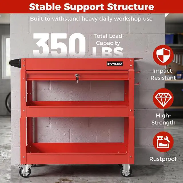 Alt view image 3 of 7 - 3 Tier Rolling Tool Cart with Lockable Drawer, Heavy Duty Metal Utility Cart on Wheels with Pegboards & Hooks, Mechanic Tool Storage Organizer for Garage, Warehouse & Workshop (Red)