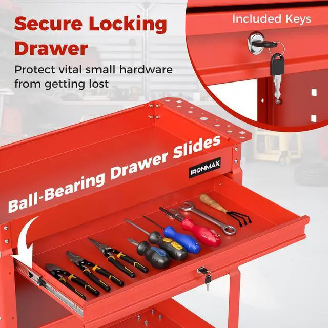 Alt view image 4 of 7 - 3 Tier Rolling Tool Cart with Lockable Drawer, Heavy Duty Metal Utility Cart on Wheels with Pegboards & Hooks, Mechanic Tool Storage Organizer for Garage, Warehouse & Workshop (Red)