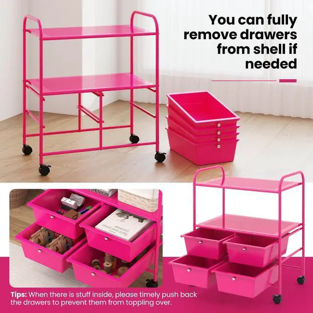Alt view image 6 of 7 - Rolling Storage Cart w/ 4 Drawers 2 Shelves Metal Rack Shelf Home Office School Beauty Salon Utility Organizer Cart with Wheels, Hot Pink