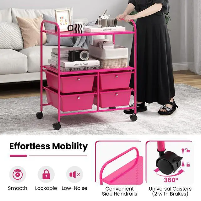 Alt view image 7 of 7 - Rolling Storage Cart w/ 4 Drawers 2 Shelves Metal Rack Shelf Home Office School Beauty Salon Utility Organizer Cart with Wheels, Hot Pink