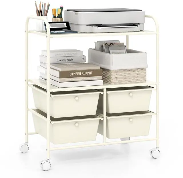 Main image of Rolling Storage Cart w/ 4 Drawers 2 Shelves Metal Rack Shelf Home Office School Beauty Salon Utility Organizer Cart with Wheels, Ivory