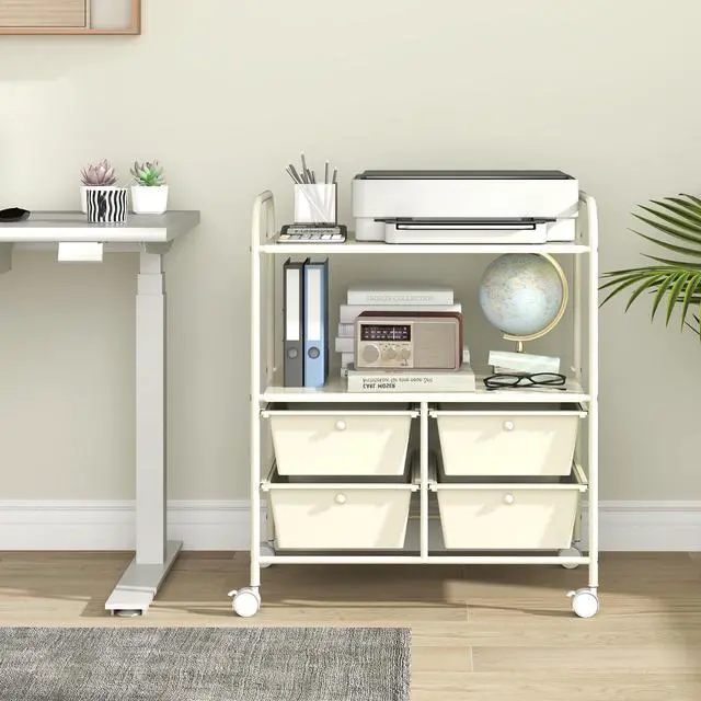 Alt view image 2 of 7 - Rolling Storage Cart w/ 4 Drawers 2 Shelves Metal Rack Shelf Home Office School Beauty Salon Utility Organizer Cart with Wheels, Ivory