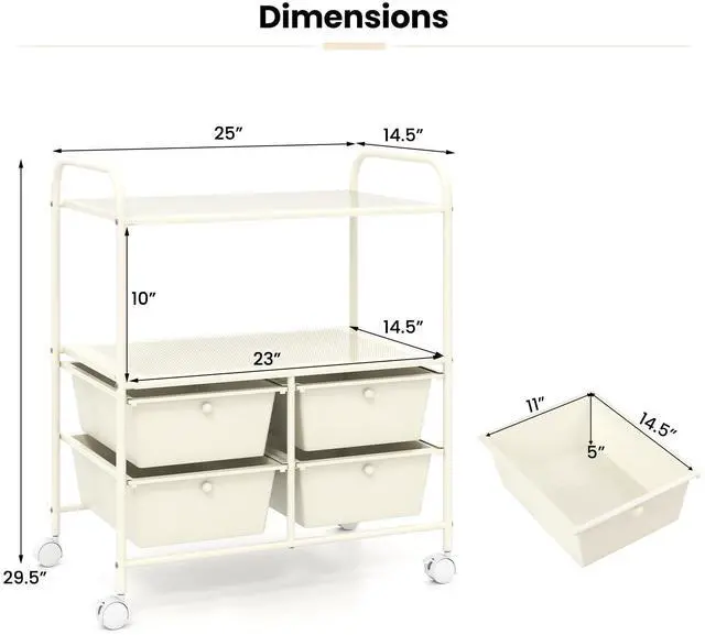 Alt view image 3 of 7 - Rolling Storage Cart w/ 4 Drawers 2 Shelves Metal Rack Shelf Home Office School Beauty Salon Utility Organizer Cart with Wheels, Ivory