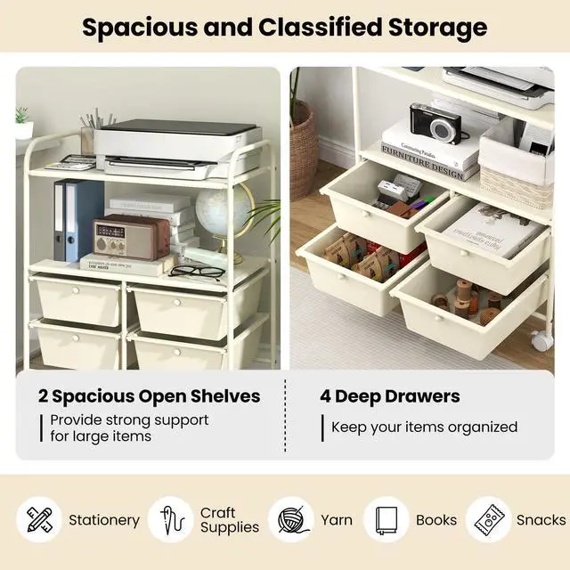 Alt view image 5 of 7 - Rolling Storage Cart w/ 4 Drawers 2 Shelves Metal Rack Shelf Home Office School Beauty Salon Utility Organizer Cart with Wheels, Ivory