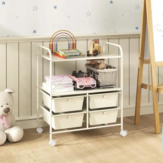 Alt view image 4 of 7 - Rolling Storage Cart w/ 4 Drawers 2 Shelves Metal Rack Shelf Home Office School Beauty Salon Utility Organizer Cart with Wheels, Ivory