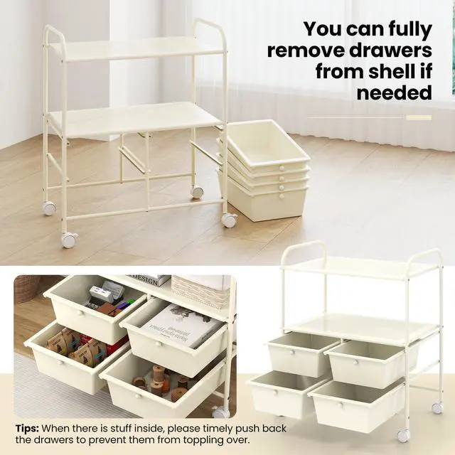 Alt view image 6 of 7 - Rolling Storage Cart w/ 4 Drawers 2 Shelves Metal Rack Shelf Home Office School Beauty Salon Utility Organizer Cart with Wheels, Ivory