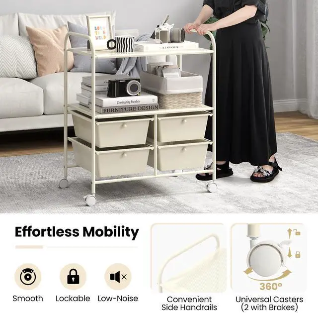 Alt view image 7 of 7 - Rolling Storage Cart w/ 4 Drawers 2 Shelves Metal Rack Shelf Home Office School Beauty Salon Utility Organizer Cart with Wheels, Ivory