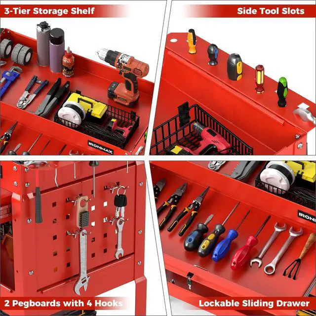 Alt view image 6 of 7 - 3 Tier Rolling Tool Cart with Lockable Drawer, Heavy Duty Metal Utility Cart on Wheels with Pegboards & Hooks, Mechanic Tool Storage Organizer for Garage, Warehouse & Workshop (Red)