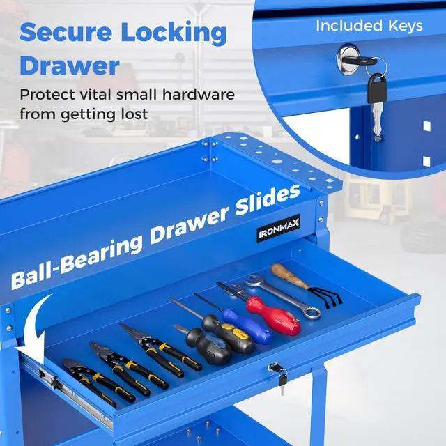 Alt view image 3 of 7 - 3 Tier Rolling Tool Cart with Lockable Drawer, Heavy Duty Metal Utility Cart on Wheels with Pegboards & Hooks, Mechanic Tool Storage Organizer for Garage, Warehouse & Workshop (Blue)