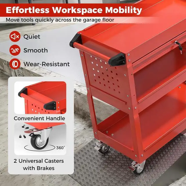 Alt view image 5 of 7 - 3 Tier Rolling Tool Cart with Lockable Drawer, Heavy Duty Metal Utility Cart on Wheels with Pegboards & Hooks, Mechanic Tool Storage Organizer for Garage, Warehouse & Workshop (Red)
