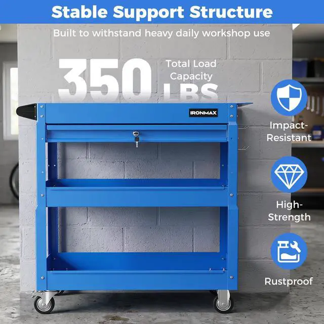Alt view image 2 of 7 - 3 Tier Rolling Tool Cart with Lockable Drawer, Heavy Duty Metal Utility Cart on Wheels with Pegboards & Hooks, Mechanic Tool Storage Organizer for Garage, Warehouse & Workshop (Blue)