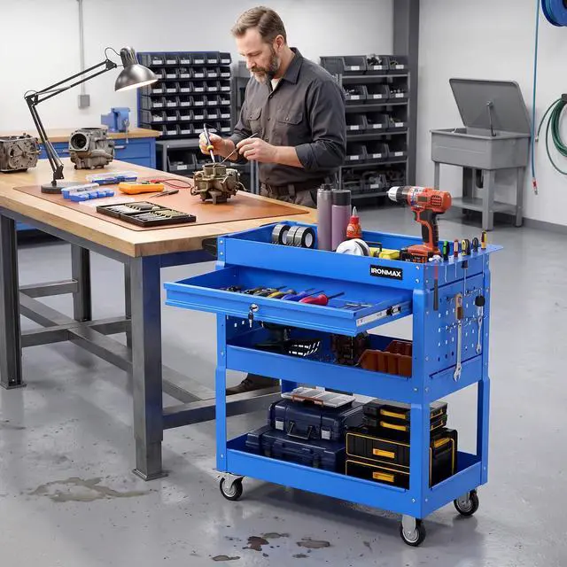 Alt view image 7 of 7 - 3 Tier Rolling Tool Cart with Lockable Drawer, Heavy Duty Metal Utility Cart on Wheels with Pegboards & Hooks, Mechanic Tool Storage Organizer for Garage, Warehouse & Workshop (Blue)