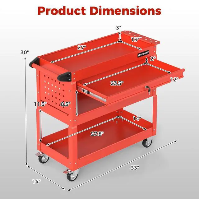 Alt view image 7 of 7 - 3 Tier Rolling Tool Cart with Lockable Drawer, Heavy Duty Metal Utility Cart on Wheels with Pegboards & Hooks, Mechanic Tool Storage Organizer for Garage, Warehouse & Workshop (Red)