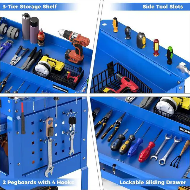 Alt view image 5 of 7 - 3 Tier Rolling Tool Cart with Lockable Drawer, Heavy Duty Metal Utility Cart on Wheels with Pegboards & Hooks, Mechanic Tool Storage Organizer for Garage, Warehouse & Workshop (Blue)