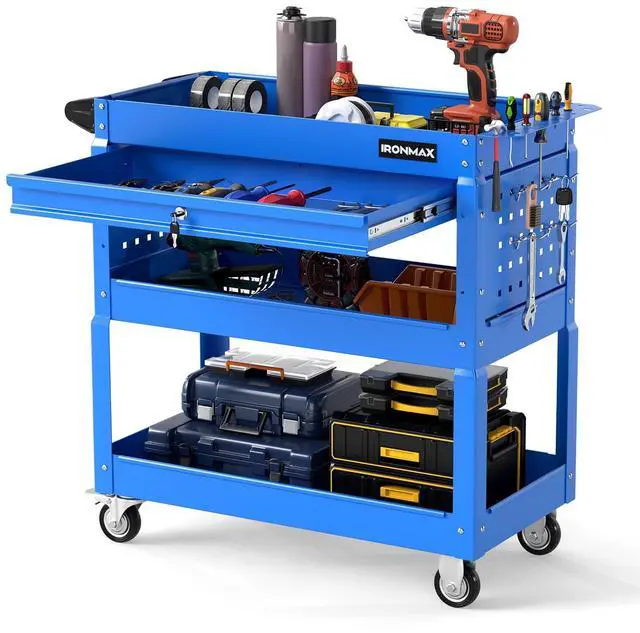 Main image of 3 Tier Rolling Tool Cart with Lockable Drawer, Heavy Duty Metal Utility Cart on Wheels with Pegboards & Hooks, Mechanic Tool Storage Organizer for Garage, Warehouse & Workshop (Blue)