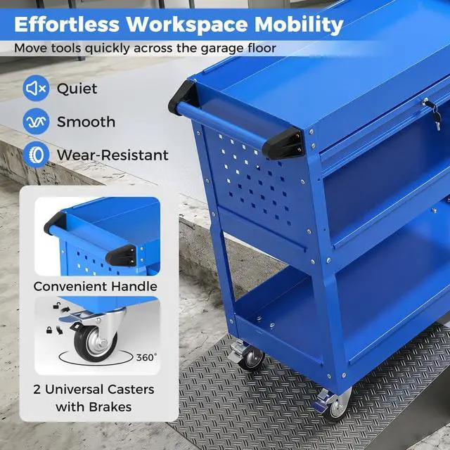 Alt view image 4 of 7 - 3 Tier Rolling Tool Cart with Lockable Drawer, Heavy Duty Metal Utility Cart on Wheels with Pegboards & Hooks, Mechanic Tool Storage Organizer for Garage, Warehouse & Workshop (Blue)