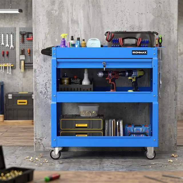 Alt view image 6 of 7 - 3 Tier Rolling Tool Cart with Lockable Drawer, Heavy Duty Metal Utility Cart on Wheels with Pegboards & Hooks, Mechanic Tool Storage Organizer for Garage, Warehouse & Workshop (Blue)