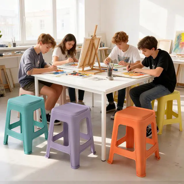 Alt view image 2 of 7 - 10 Pack Stackable Classroom Stools, 18.8" Height Colorful Nesting Plastic Stool, Portable Backless Chairs Flexible Seating for Classroom, School, Office, Home