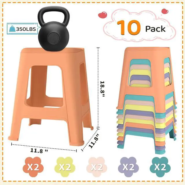 Alt view image 3 of 7 - 10 Pack Stackable Classroom Stools, 18.8" Height Colorful Nesting Plastic Stool, Portable Backless Chairs Flexible Seating for Classroom, School, Office, Home