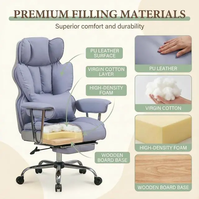 Alt view image 3 of 7 - Big and Tall Office Chair 400lbs - Heavy Duty Executive Desk Chair with Footrest, High Back PU Leather Ergonomic Computer Chair with Extra Wide Seat & Thick Cushion for Home Office (Purple)