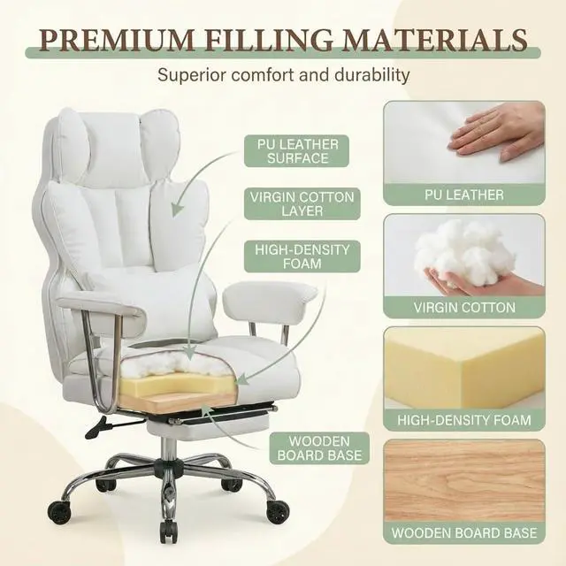 Alt view image 3 of 7 - Big and Tall Office Chair 400lbs - Heavy Duty Executive Desk Chair with Footrest, High Back PU Leather Ergonomic Computer Chair with Extra Wide Seat & Thick Cushion for Home Office (White)