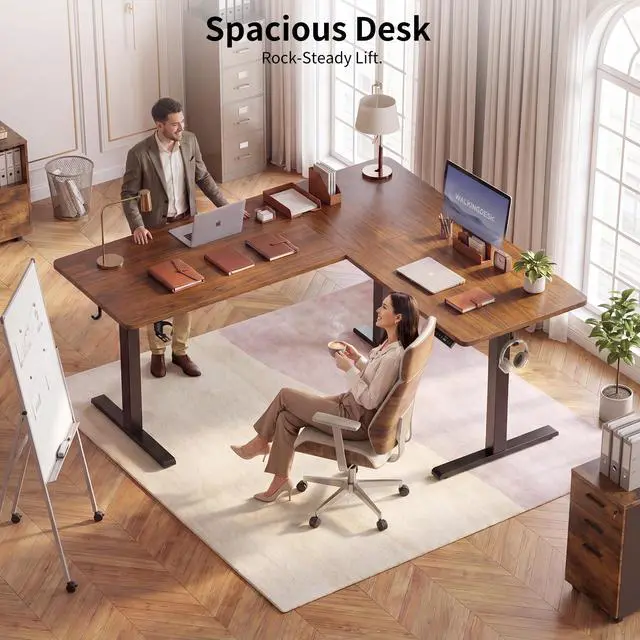 Alt view image 3 of 7 - 63X55 Inches Reversible L Shaped Standing Desk Height Adjustable with Cup Holder, Electric Corner Computer Desk, Sit Stand up Home Office Desk, Ergonomic Gaming Desk, Black Walnut
