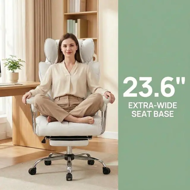 Alt view image 4 of 7 - Big and Tall Office Chair 400lbs - Heavy Duty Executive Desk Chair with Footrest, High Back PU Leather Ergonomic Computer Chair with Extra Wide Seat & Thick Cushion for Home Office (White)
