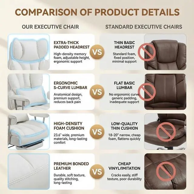 Alt view image 7 of 7 - Big and Tall Office Chair 400lbs - Heavy Duty Executive Desk Chair with Footrest, High Back PU Leather Ergonomic Computer Chair with Extra Wide Seat & Thick Cushion for Home Office (White)