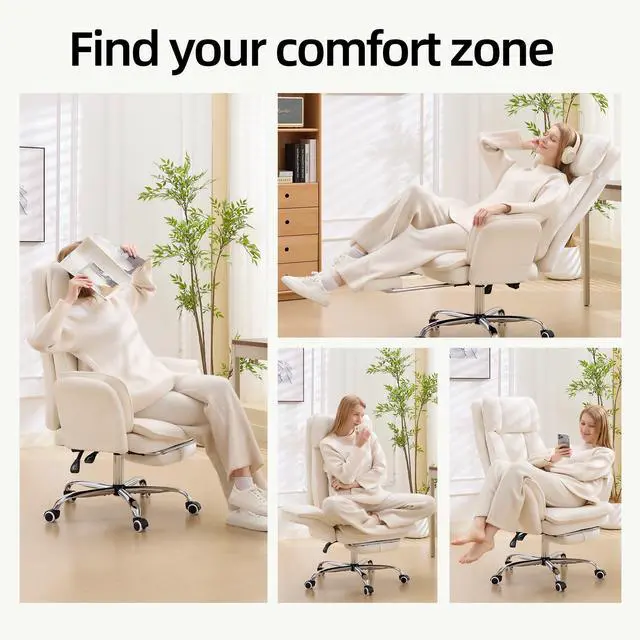 Alt view image 3 of 7 - Big and Tall Cross Legged Office Chair with Flip Armrests and Foot Rest | Off-White Executive Ergonomic Gaming Computer Chair, Chenille Fabric for Pet Friendly Use with Lumbar Pillow, 155° Reclining