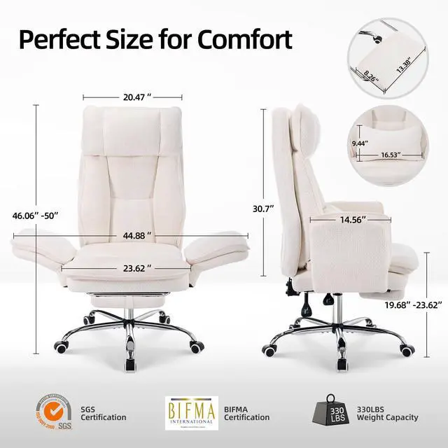 Alt view image 2 of 7 - Big and Tall Cross Legged Office Chair with Flip Armrests and Foot Rest | Off-White Executive Ergonomic Gaming Computer Chair, Chenille Fabric for Pet Friendly Use with Lumbar Pillow, 155° Reclining