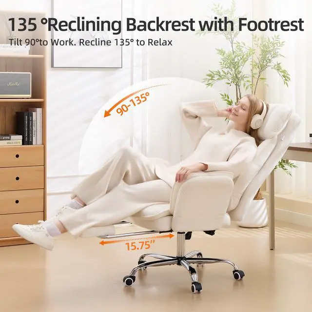 Alt view image 4 of 7 - Big and Tall Cross Legged Office Chair with Flip Armrests and Foot Rest | Off-White Executive Ergonomic Gaming Computer Chair, Chenille Fabric for Pet Friendly Use with Lumbar Pillow, 155° Reclining