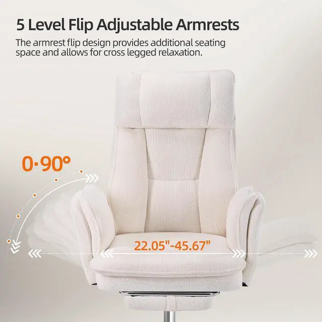 Alt view image 5 of 7 - Big and Tall Cross Legged Office Chair with Flip Armrests and Foot Rest | Off-White Executive Ergonomic Gaming Computer Chair, Chenille Fabric for Pet Friendly Use with Lumbar Pillow, 155° Reclining