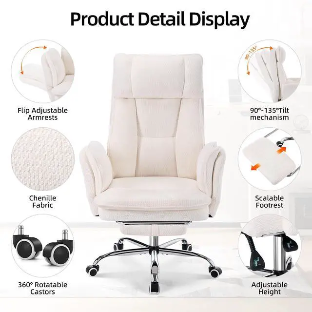 Alt view image 6 of 7 - Big and Tall Cross Legged Office Chair with Flip Armrests and Foot Rest | Off-White Executive Ergonomic Gaming Computer Chair, Chenille Fabric for Pet Friendly Use with Lumbar Pillow, 155° Reclining