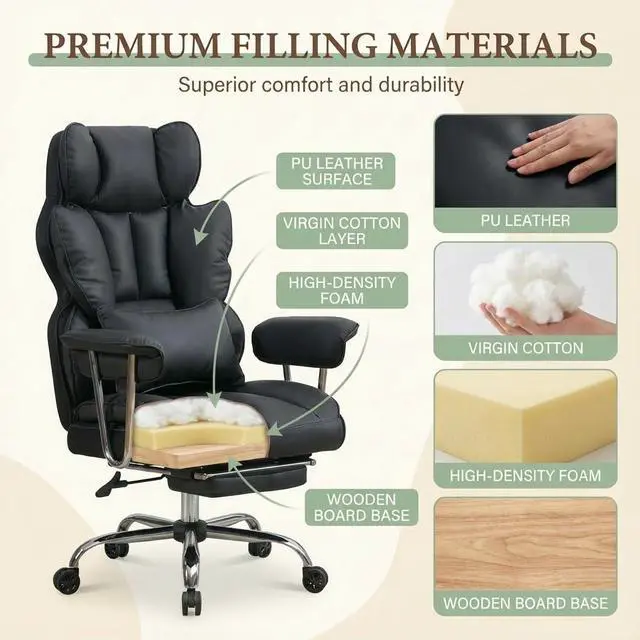 Alt view image 3 of 7 - Big and Tall Office Chair 400lbs - Heavy Duty Executive Desk Chair with Footrest, High Back PU Leather Ergonomic Computer Chair with Extra Wide Seat & Thick Cushion for Home Office (Black)