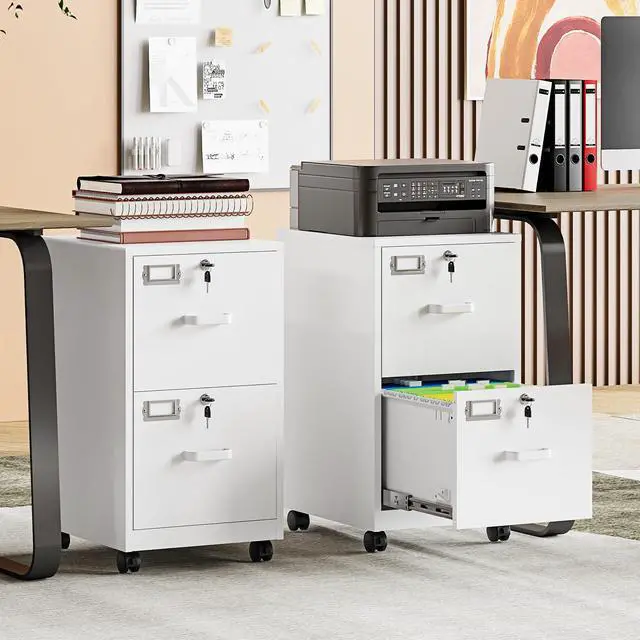 Alt view image 2 of 7 - 2 Drawer File Cabinet with Lock, Metal Vertical Filing Cabinets for Home Office, Lockable File Storage Cabinets Under Desk, A4/Letter File Folders Storage-Assembly Required