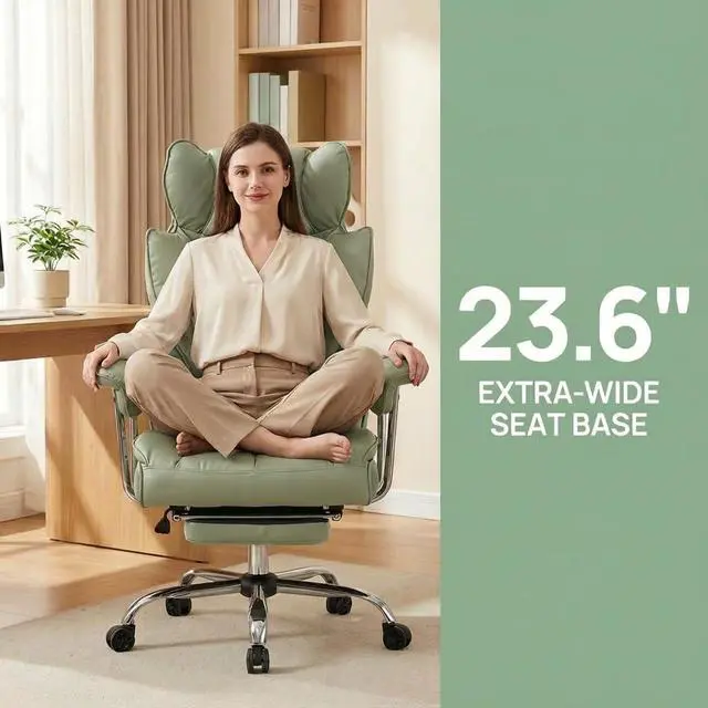 Alt view image 4 of 7 - Big and Tall Office Chair 400lbs - Heavy Duty Executive Desk Chair with Footrest, High Back PU Leather Ergonomic Computer Chair with Extra Wide Seat & Thick Cushion for Home Office (Green)