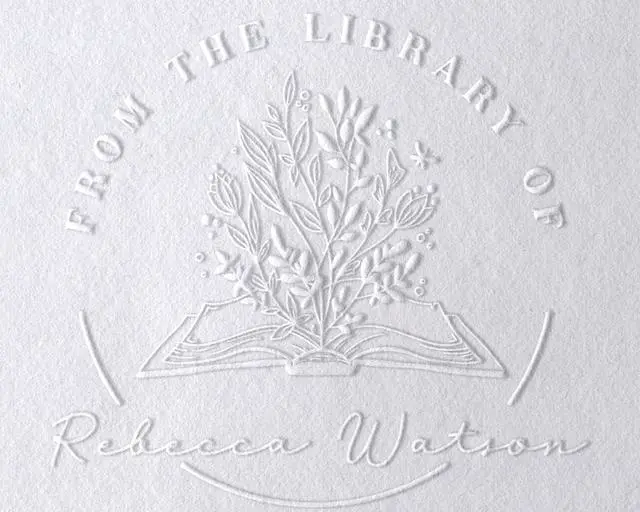 Main image of from The Library of | Ex Libris | Floral Book Stamp | Personalized Book Embosser | Custom Library Stamp | Monogram Self-Inking Wood Handle Stamper (2")