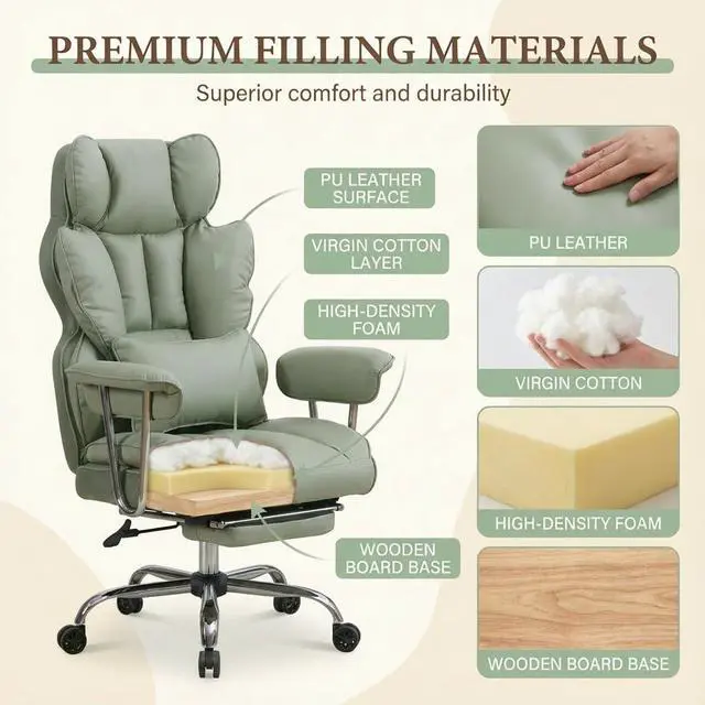 Alt view image 3 of 7 - Big and Tall Office Chair 400lbs - Heavy Duty Executive Desk Chair with Footrest, High Back PU Leather Ergonomic Computer Chair with Extra Wide Seat & Thick Cushion for Home Office (Green)