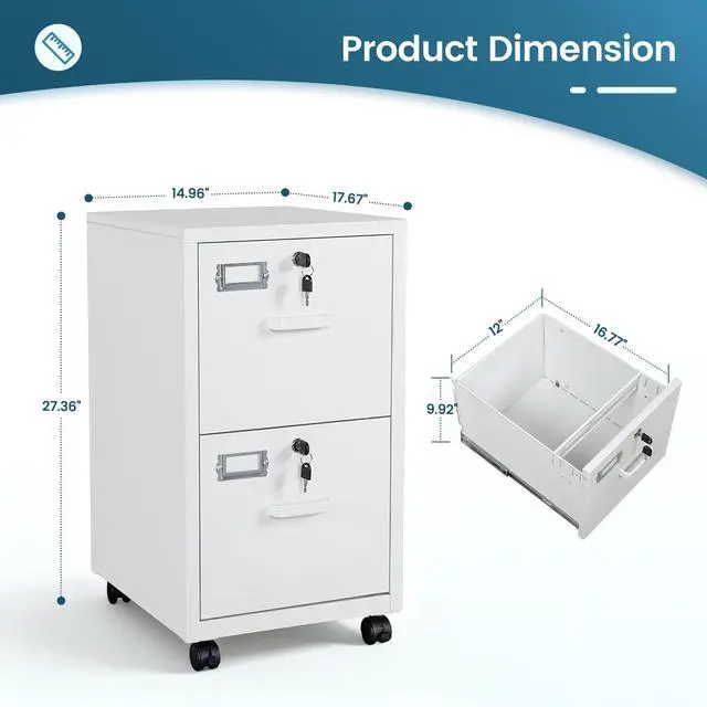 Alt view image 3 of 7 - 2 Drawer File Cabinet with Lock, Metal Vertical Filing Cabinets for Home Office, Lockable File Storage Cabinets Under Desk, A4/Letter File Folders Storage-Assembly Required