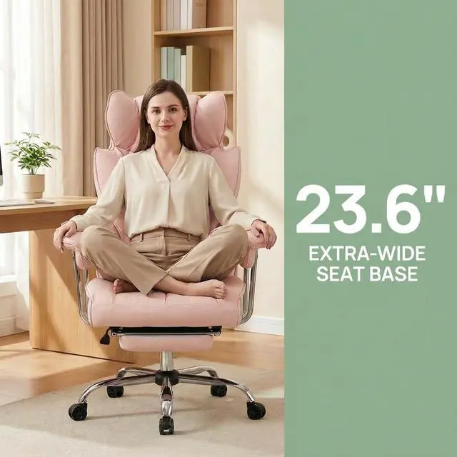 Alt view image 4 of 7 - Big and Tall Office Chair 400lbs - Heavy Duty Executive Desk Chair with Footrest, High Back PU Leather Ergonomic Computer Chair with Extra Wide Seat & Thick Cushion for Home Office (Pink)
