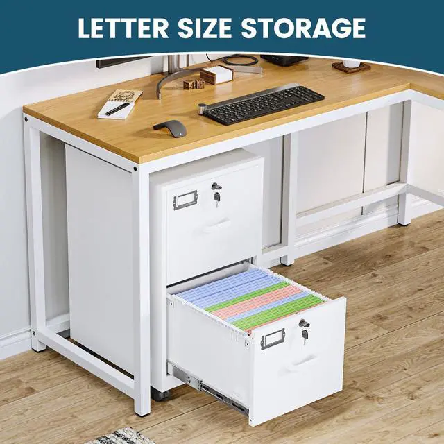 Alt view image 6 of 7 - 2 Drawer File Cabinet with Lock, Metal Vertical Filing Cabinets for Home Office, Lockable File Storage Cabinets Under Desk, A4/Letter File Folders Storage-Assembly Required