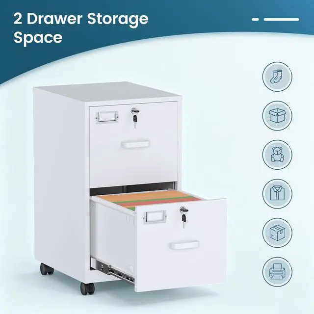 Alt view image 7 of 7 - 2 Drawer File Cabinet with Lock, Metal Vertical Filing Cabinets for Home Office, Lockable File Storage Cabinets Under Desk, A4/Letter File Folders Storage-Assembly Required