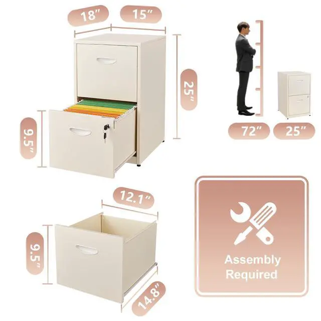 Alt view image 3 of 7 - 2 Drawer File Cabinet with Lock, Metal Filing Cabinet for Home Office | Small Locking Cabinet for Under Desk Storage, Printer Stand, Fits Letter Size, Cream, 26"H x 15"W x 18"D, Easy Assembly