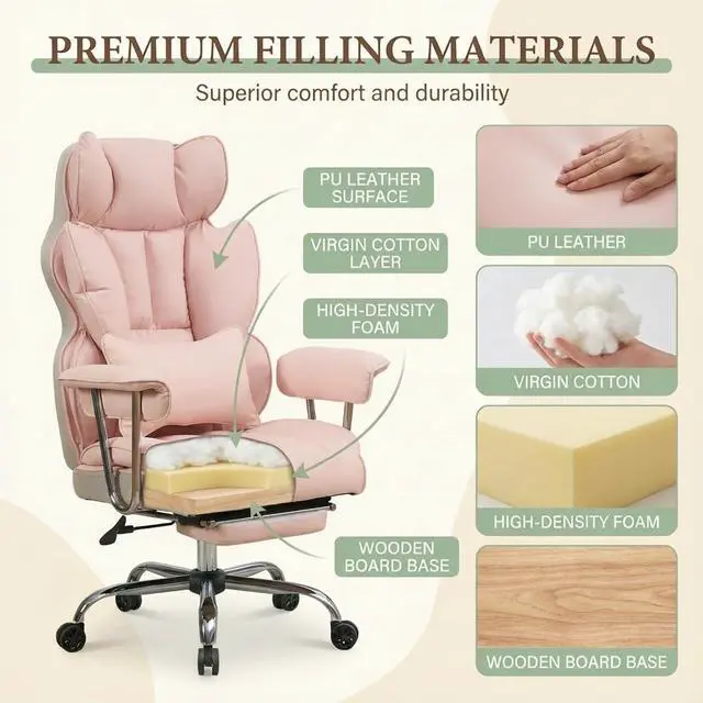 Alt view image 3 of 7 - Big and Tall Office Chair 400lbs - Heavy Duty Executive Desk Chair with Footrest, High Back PU Leather Ergonomic Computer Chair with Extra Wide Seat & Thick Cushion for Home Office (Pink)